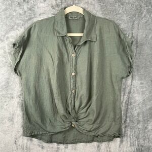 Meo Meli Linen Top Womens Large Green Twist Front Button Up Lagenlook Made Italy